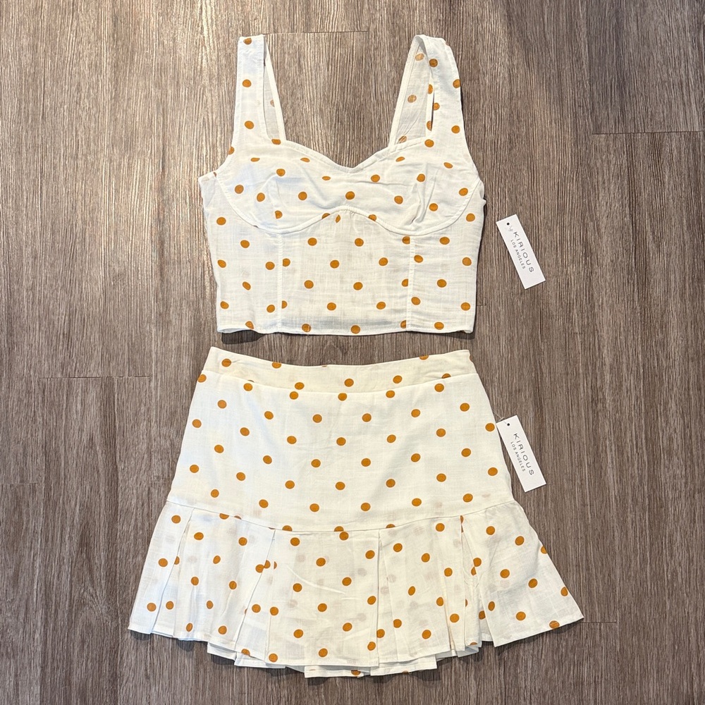 Stylish White and Orange Polka Dot Skirt Set - Picture 1 of 10